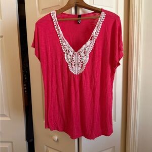 Chic red top with White Lace Accent